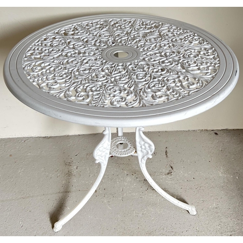 1501 - A modern metal circular shaped bistro table with decorative pierced work top of scroll & foliate des... 