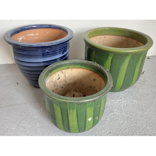 1505 - 3 stoneware garden planters with blue & green glaze. 2 matching striped green glazed planters of gra... 