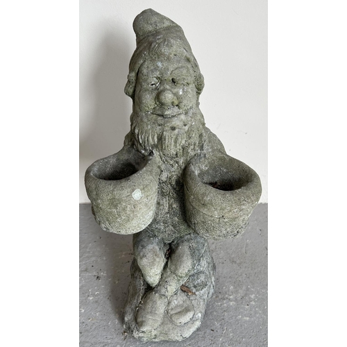 1515 - A concrete garden ornament/planter of a gnome holding 2 pots. Approx. 49cm tall.