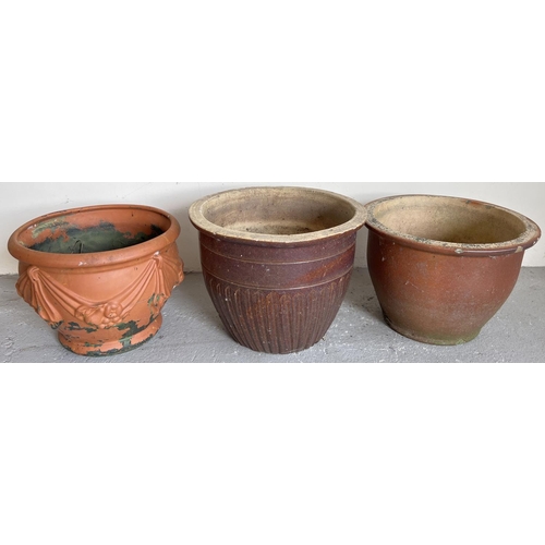 1516 - 3 large garden planters. 2 stoneware pots with brown coloured glaze together with terracotta pot wit... 