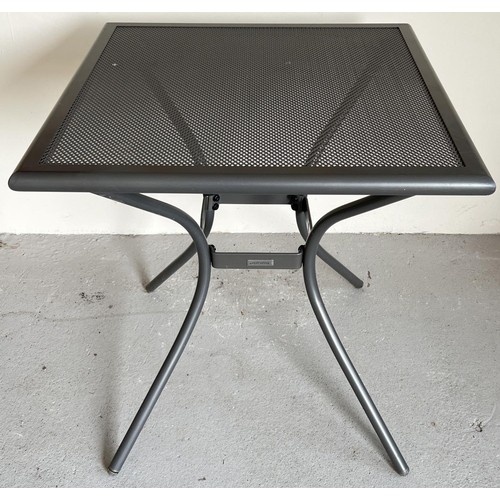 1517 - A modern square shaped, silver coloured metal garden table with mesh top. Approx. 74cm tall x 70cm w... 