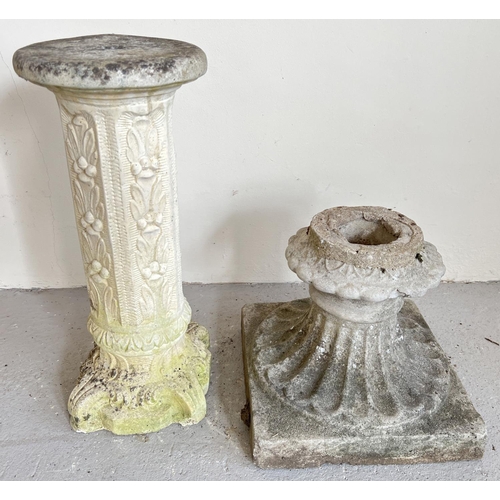 1519 - 2 concrete garden pedestal bases. A modern slim base with foliate design and peg hole to top (approx... 