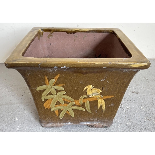 1520 - A large square shaped bonsai planter with brown glaze, sides hand painted with floral and bird desig... 