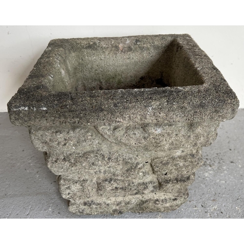 1523 - A large vintage concrete square shaped stone wall effect garden planter. Approx. 30cm tall x 35cm wi... 