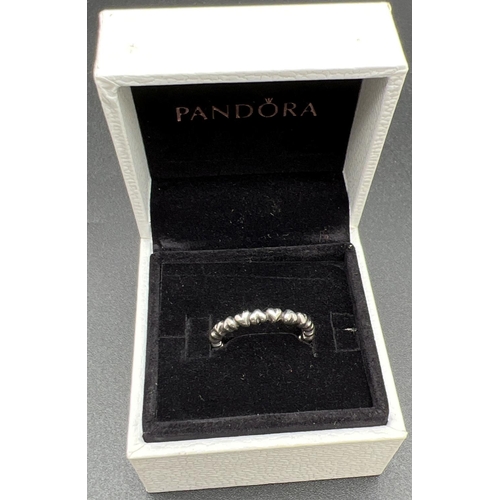 1097 - A boxed Pandora bubble heart stacking ring. Marked S925 Ale 52 to inside of band. Size L½.