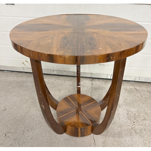 1449 - An Art Deco design circular shaped veneer occasional table with polished finish. Scuffs to top and l... 