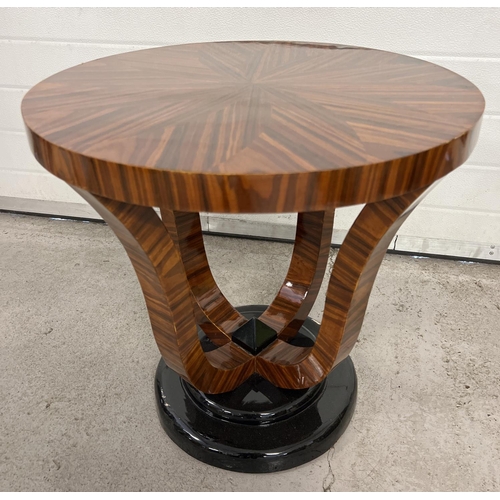 1450 - An Art Deco design circular shaped dark wood veneer occasional table with polished finish and black ... 