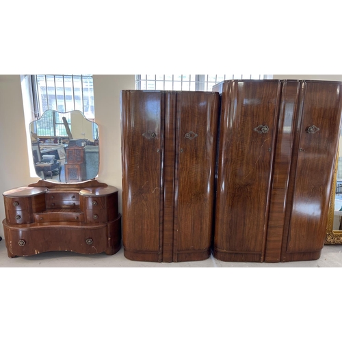 1454 - A mid century 'Ronson' dark wood veneer 3 piece bedroom suite with decorative metal knob handles. Hi... 