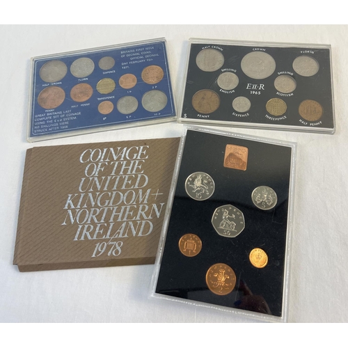 6 - 3 cased sets of Elizabeth II vintage collectors coins. A 1967 First Issue Of Decimal Coins, 1965 set... 