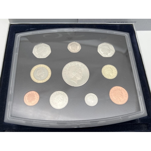 14 - A cased and boxed limited edition 2000 United Kingdom Proof set of British coins by Royal Mint. Set ... 