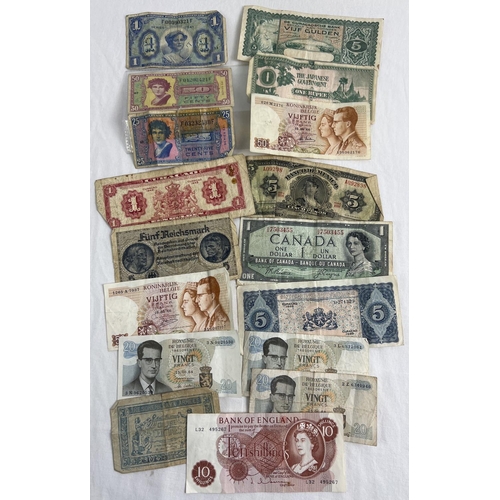 19 - 17 British and foreign bank notes. To include Elizabeth II Ten Shilling note and American Military C... 