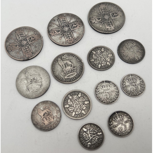 26 - 13 silver and half silver George V coins. To include three pence, sixpence, shilling and florin coin... 