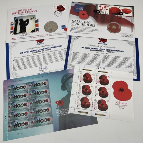32 - 2 The Royal British Legion collectors £5 coin first day covers together with stamp blocks celebratin... 