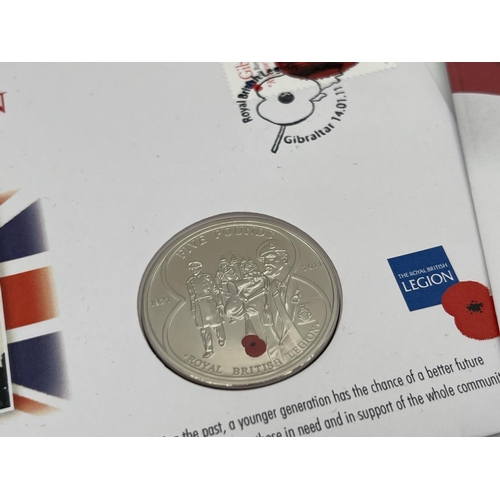 32 - 2 The Royal British Legion collectors £5 coin first day covers together with stamp blocks celebratin... 