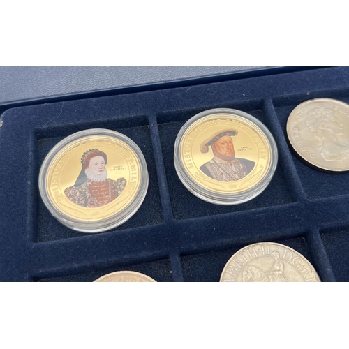 39 - 12 collectors coins and commemorative crowns in a Westminster coin collecting box with lift out tray... 