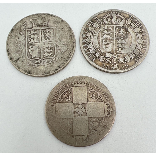 57 - 3 silver Victorian coins. Gothic head florin, 1880 Young head half crown and a 1889 Jubilee head hal... 