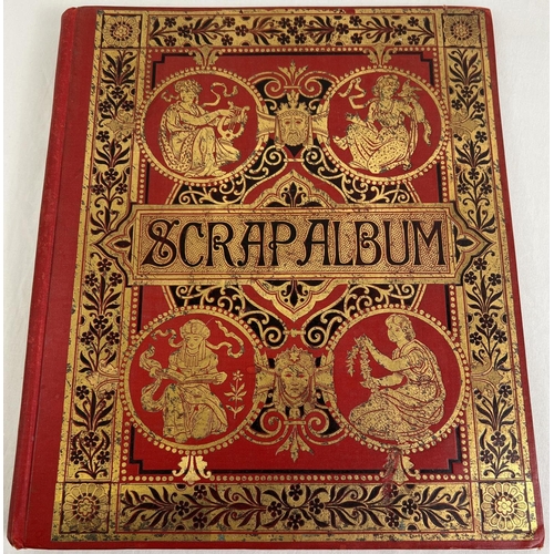 A Victorian red scrap album with decorative gilt design cover, containing assorted scraps & greetings cards.