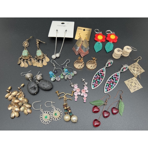 1088 - 15 pairs of drop style vintage and modern costume jewellery earrings. To include novelty, stone set ... 