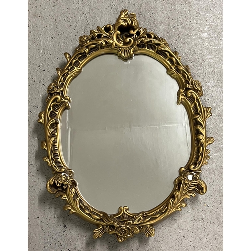 1427 - A vintage wall hanging hall mirror with gold painted chalk frame of scroll & foliate design. Approx.... 