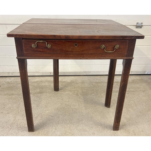 1436 - A small Georgian fold out tea table with single draw and pull-out gate leg support. Angled square le... 