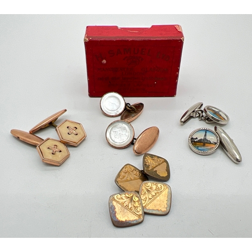 1086 - 4 vintage pairs of cufflinks in a vintage H. Samuels jewellery box. Cufflinks to include square shap... 