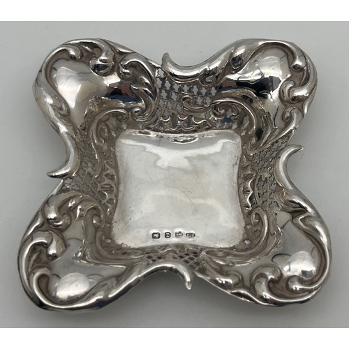 1171 - A late Victorian silver square shaped pin dish with decorative scroll & pierced work rim. Fully hall... 