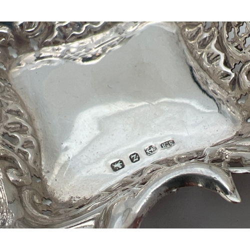 1171 - A late Victorian silver square shaped pin dish with decorative scroll & pierced work rim. Fully hall... 