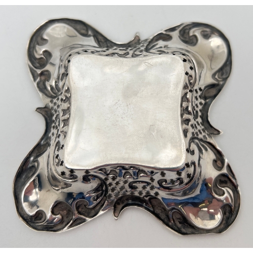 1171 - A late Victorian silver square shaped pin dish with decorative scroll & pierced work rim. Fully hall... 