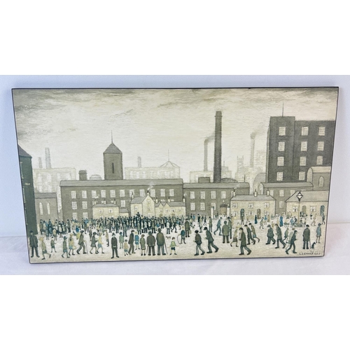 1391 - A mid century L.S Lowry boarded print 'Outside The Mills' approx. 28.8cm x 50.5cm.