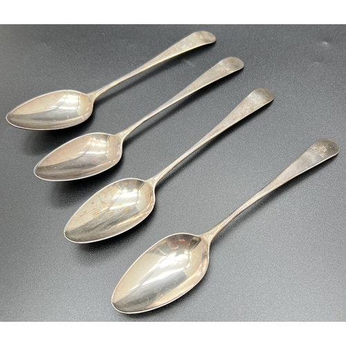 1164 - 4 Georgian Bateman teaspoons with engraved B.M.A. initials to handles. Hallmarks to backs for Peter,... 