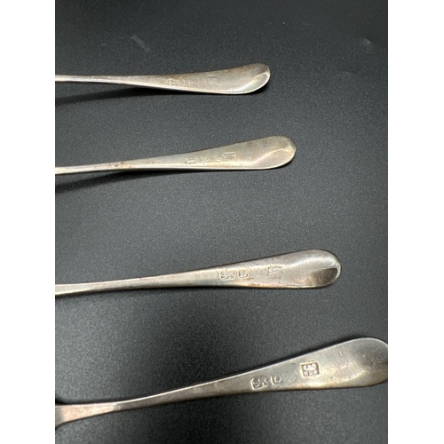 1164 - 4 Georgian Bateman teaspoons with engraved B.M.A. initials to handles. Hallmarks to backs for Peter,... 