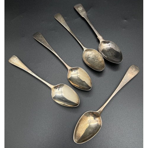 1166 - 5 Georgian Bateman teaspoons. 3 matching with W.T.M. initials engraved to handle hallmarked William ... 