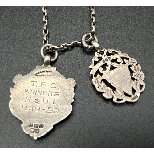 1167 - 2 antique silver fob medallions on a white metal 16 inch belcher chain with white metal Albert. Both... 