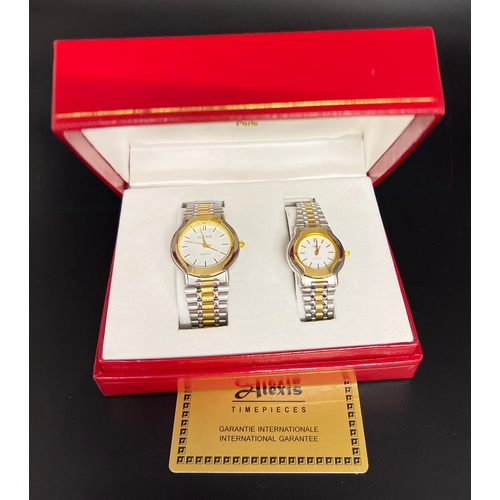 1137 - A boxed matching His & Hers quartz wristwatches by Alexis. 
Two tone stainless steel straps and case... 