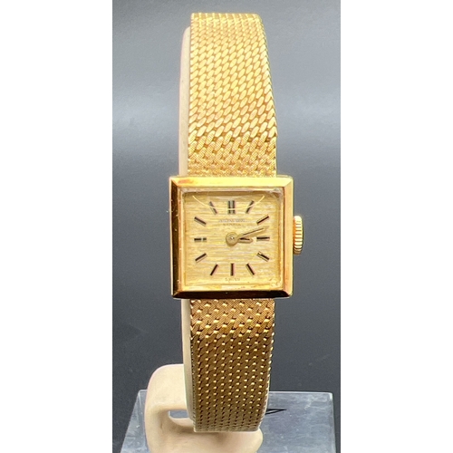 1154 - A vintage 18ct gold ladies cocktail watch by The International Watch Co. Mesh bracelet strap with cl... 