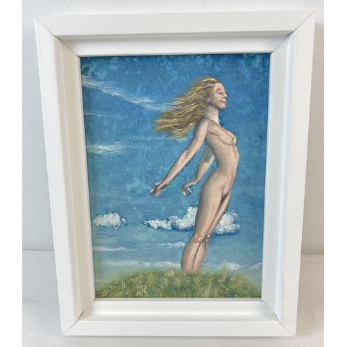 1374 - Krys Leach, local artist - small nude oil on canvas board in wood frame, entitled 