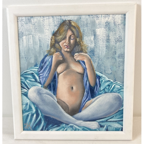 1375 - Krys Leach, local artist - nude oil on canvas board in painted wood frame, entitled 