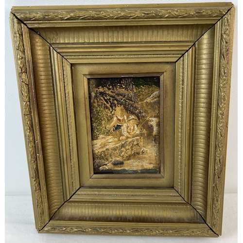 1379 - An antique gilt framed small oil on board depicting children fishing in a river, unsigned. Approx 32... 