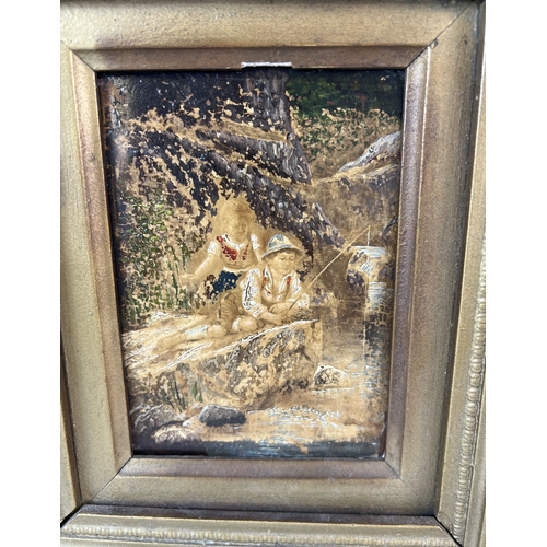 1379 - An antique gilt framed small oil on board depicting children fishing in a river, unsigned. Approx 32... 