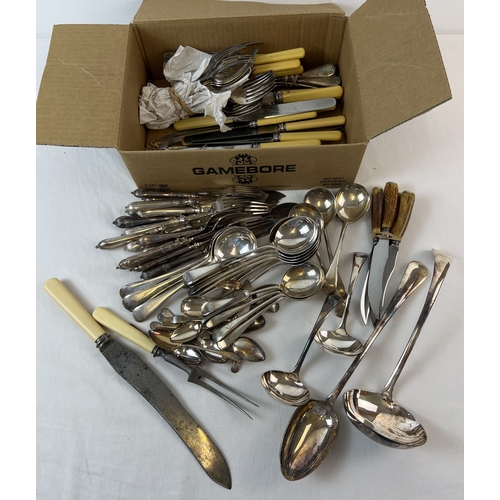 1170 - A box of silver plated and stainless steel vintage cutlery. To include carving sets, fish knives and... 