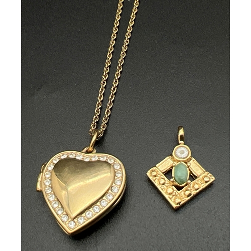 1063 - 2 pieces of vintage gold tone jewellery. An emerald & clear stone set square shaped pendant together... 