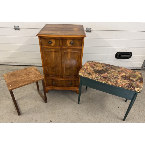 1399 - 3 small items of furniture. A Bevan Funnel 'Reprodux' yew wood veneer bow fronted cabinet, complete ... 