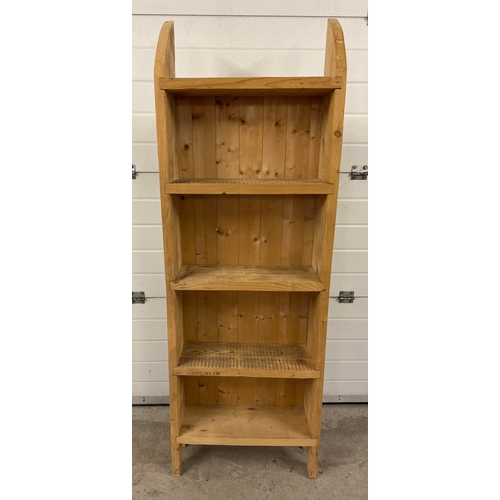 1400 - A modern rustic pine 4 shelf slimline set of shelves with curved top and shaped base. Approx. 178cm ... 