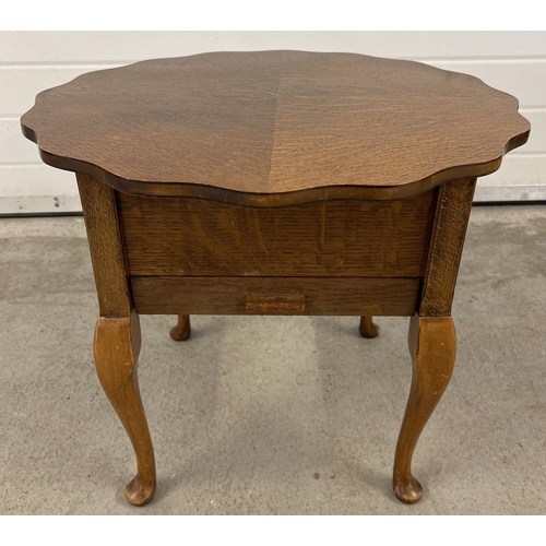 1413 - C. Arnold Ltd 1960, mid century workbox on cabriole style legs and with scalloped edge. Central draw... 