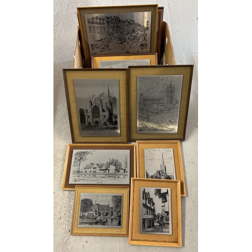 1381 - A box of assorted pictures & prints to include a collection of 8 mid century framed stainless steel ... 