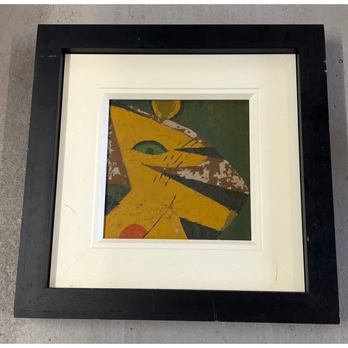 1382 - A framed modern abstract oil on board by Jens Vestbrick. Flaking to paint in some areas. Frame size ... 