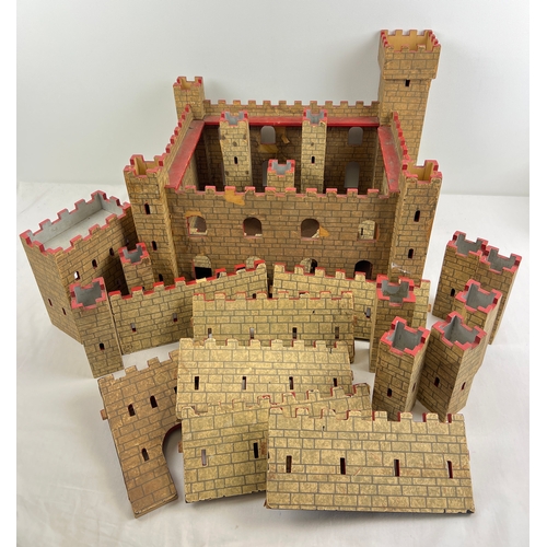 52 - A hand built vintage c1950's wooden castle/fort with extra external wall, turrets and main gate. Mai... 