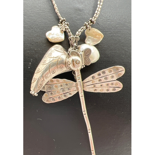 1012 - A modern white metal dragonfly pendant necklace with heart shaped & natural freshwater pearl pendant... 