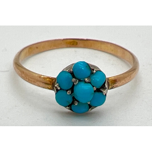 1022 - A vintage 9ct rose gold and turquoise dress ring. Small round cabochon of blue turquoise surrounded ... 