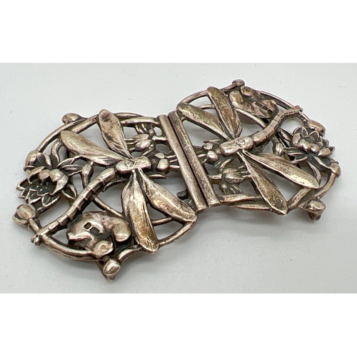 1226 - A vintage silver Art Nouveau style pierced work buckle with dragonfly and floral detail. Hallmarks t...